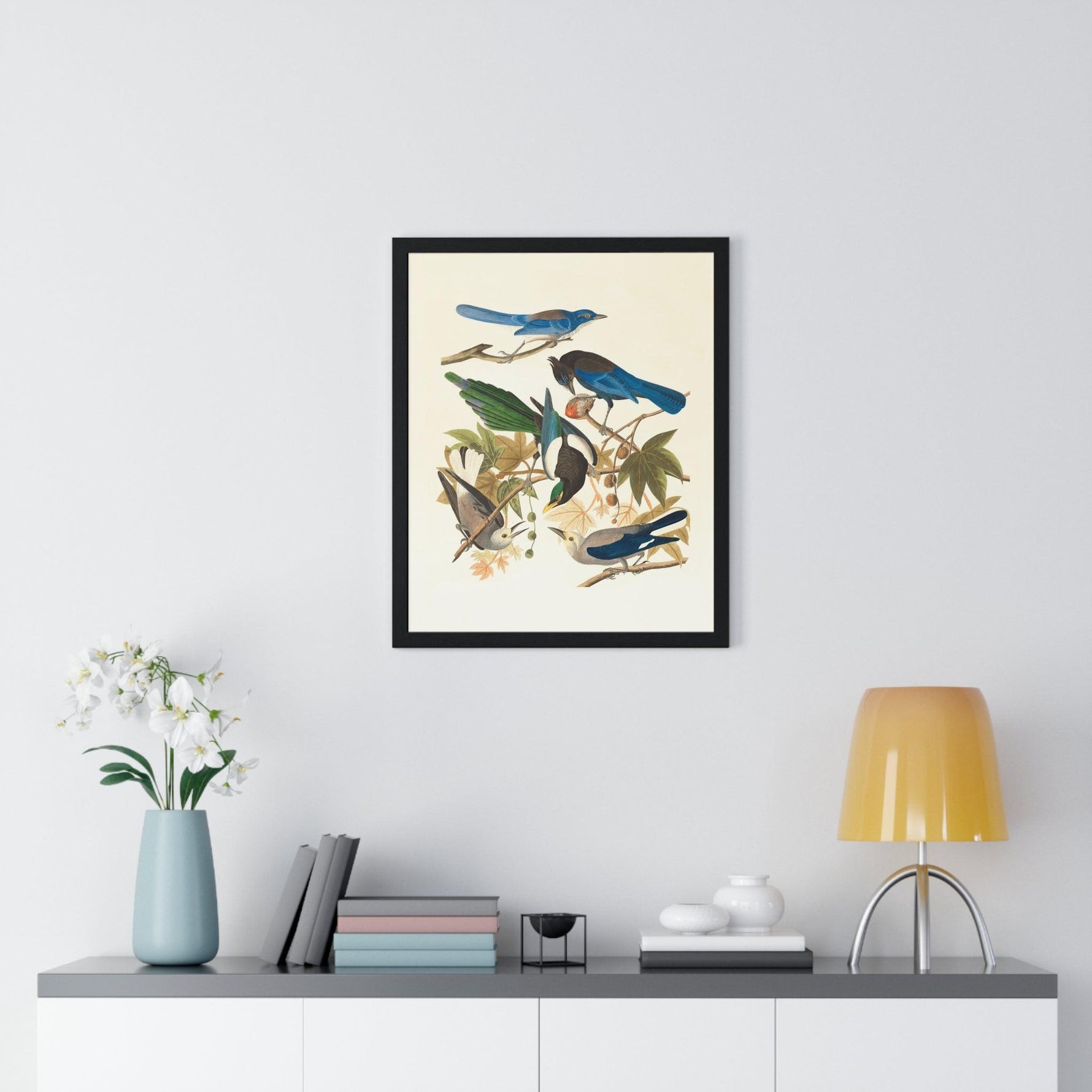 Vintage Blue Birds on Tree Branch Premium Framed Vertical Poster