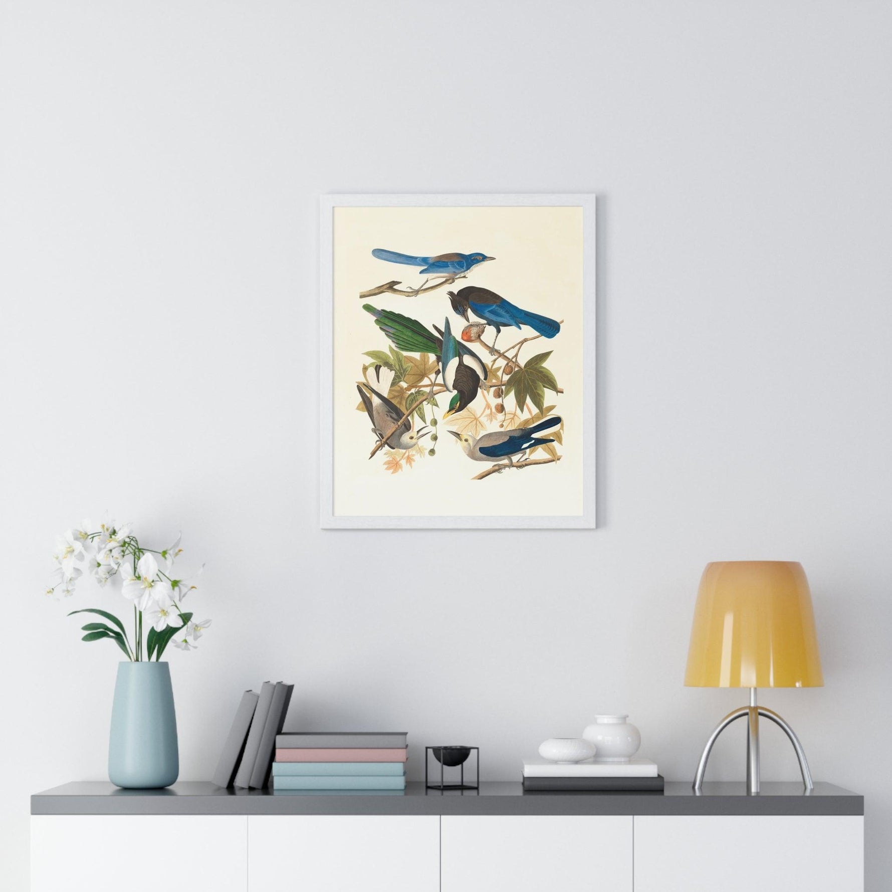 Vintage Blue Birds on Tree Branch Premium Framed Vertical Poster