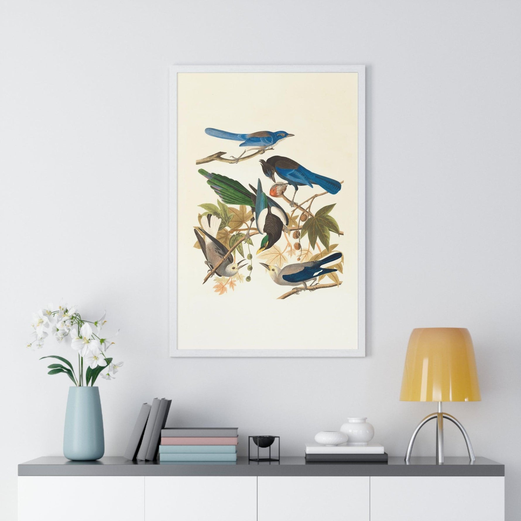 Vintage Blue Birds on Tree Branch Premium Framed Vertical Poster