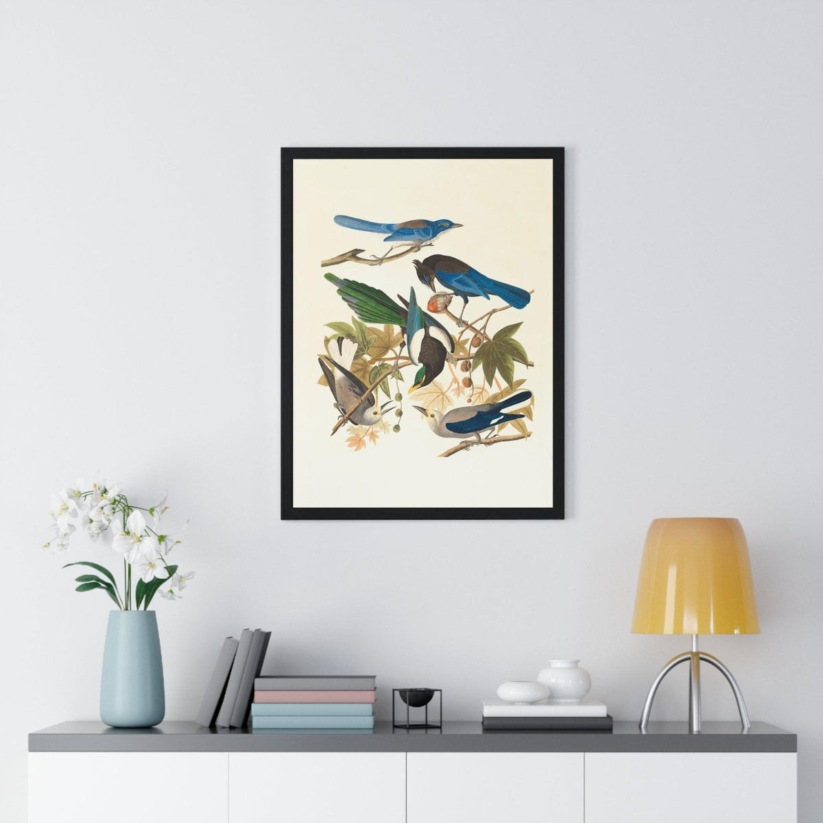 Vintage Blue Birds on Tree Branch Premium Framed Vertical Poster