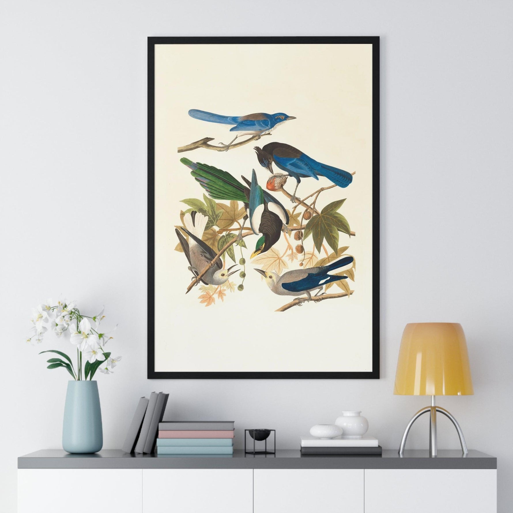 Vintage Blue Birds on Tree Branch Premium Framed Vertical Poster