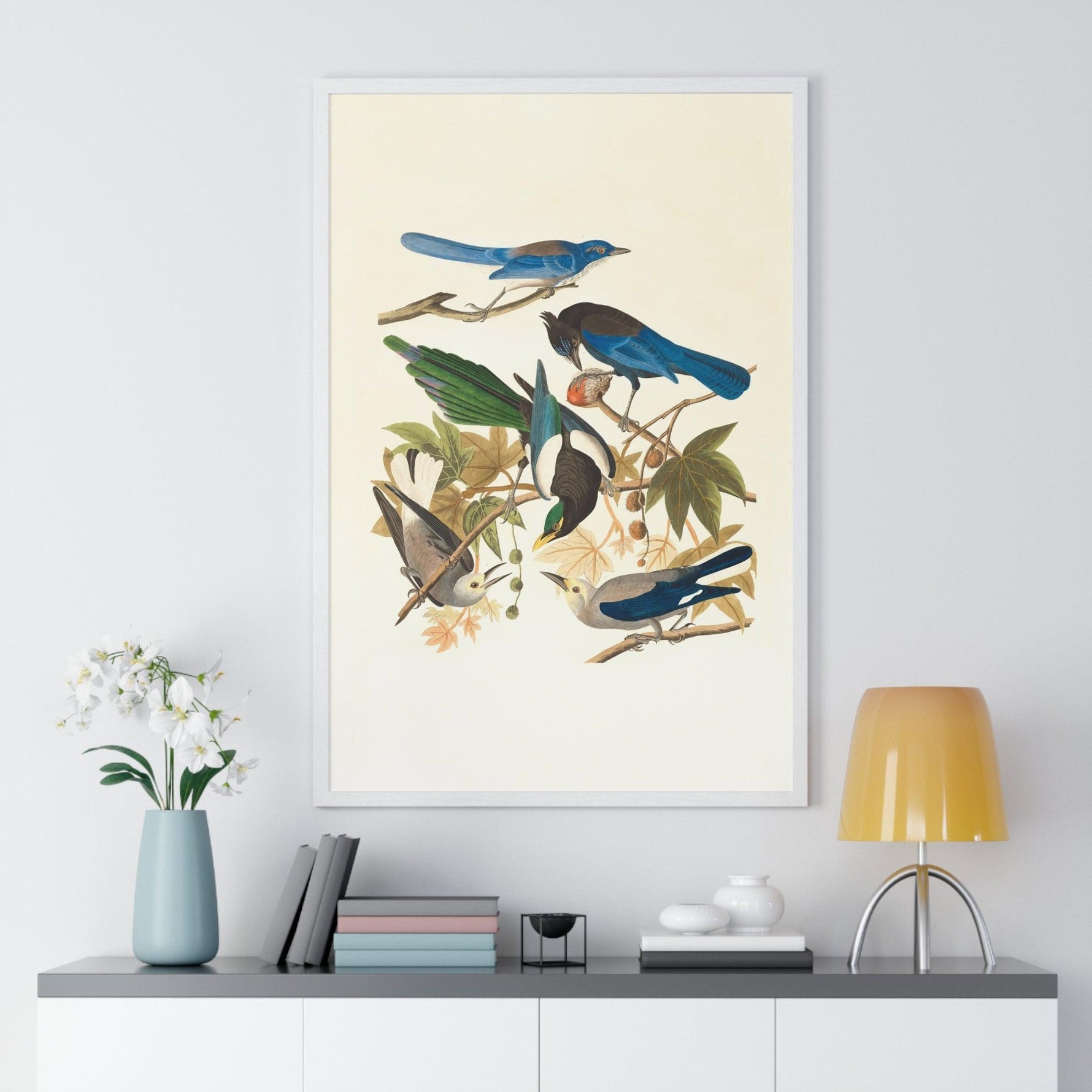 Vintage Blue Birds on Tree Branch Premium Framed Vertical Poster