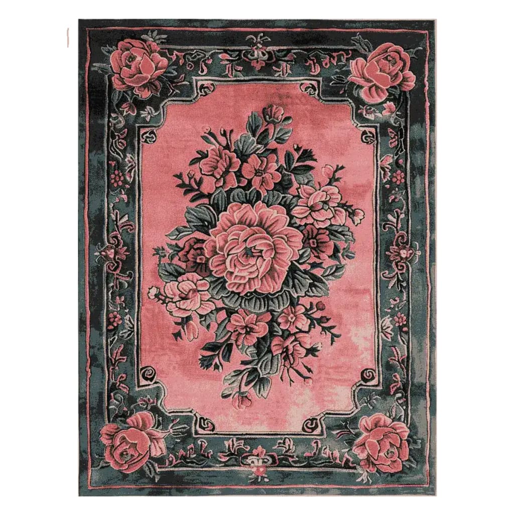 This Vintage Blushed Bloom Hand Tufted Rug features a stunning floral design with lush pink roses and green leaves, perfect for adding a touch of elegance to any living room. This wool area rug embodies a vintage charm, ideal for those seeking rugs for living room spaces that combine style and comfort.