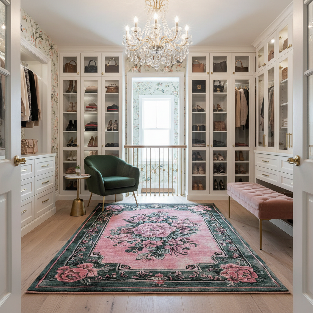 Luxurious walk-in closet with white cabinetry, a green armchair, and a pink floral rug.