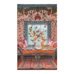 Vintage Bohemian Woven Rug in vibrant boho setting, rich terracotta stripe-geometric pattern visible with cats, cushions, vines overhead