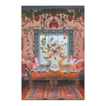 Bohemian room setting with the Vintage Bohemian Woven Rug on floor, two cats on carved bench, pink walls with vine mural and floral window