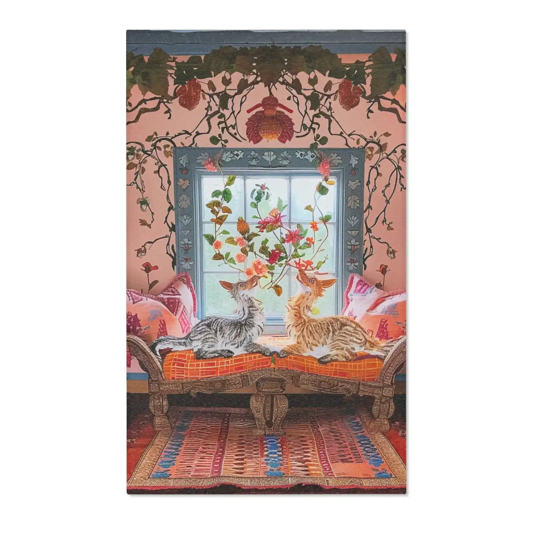 Vintage Bohemian Woven Rug shown in a pink boho room with cats on ornate bench by a floral window, orange-blue geometric stripe pattern