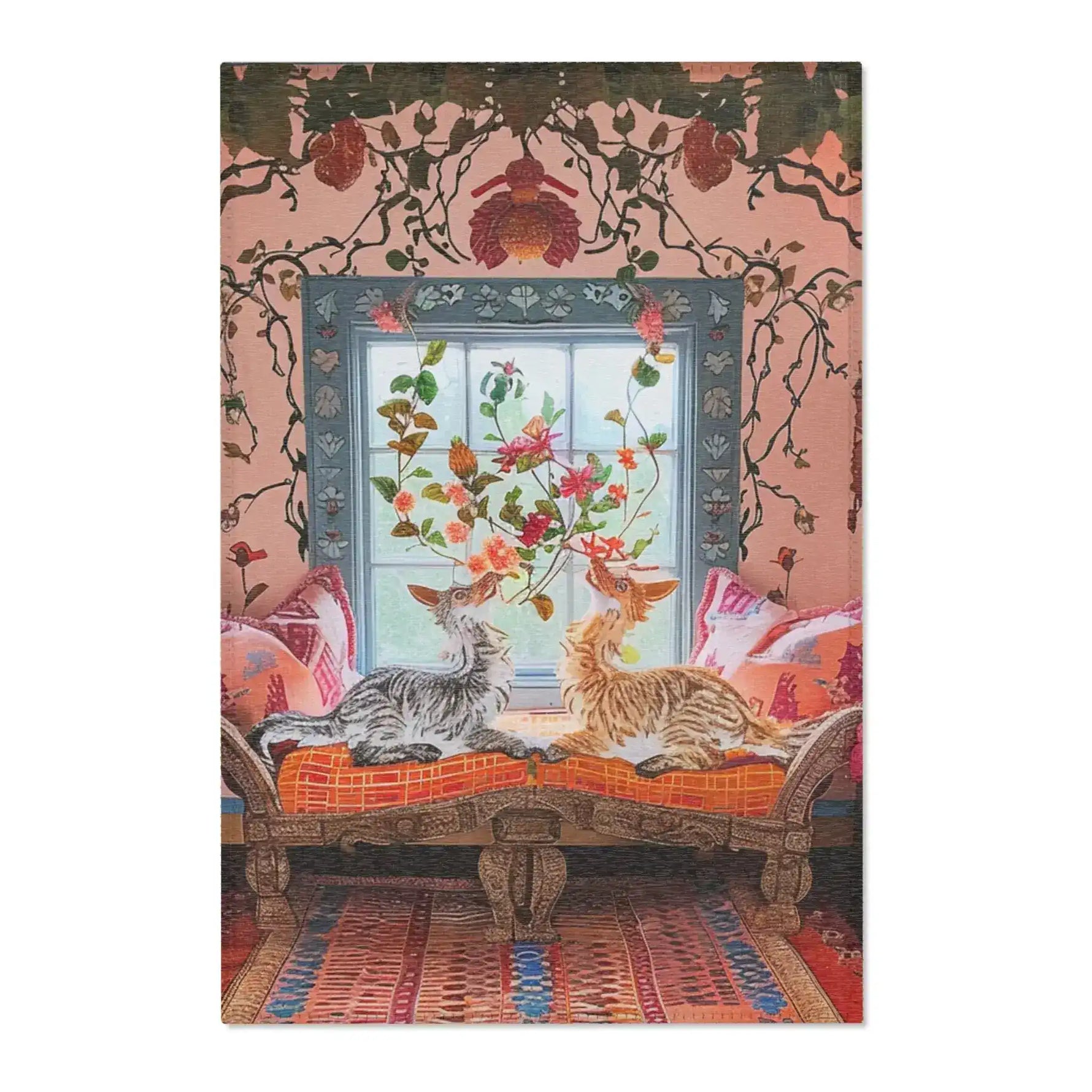 Vintage Bohemian Woven Rug in a boho sitting room with two cats on a carved bench, orange-red stripe-geometric pattern on the floor