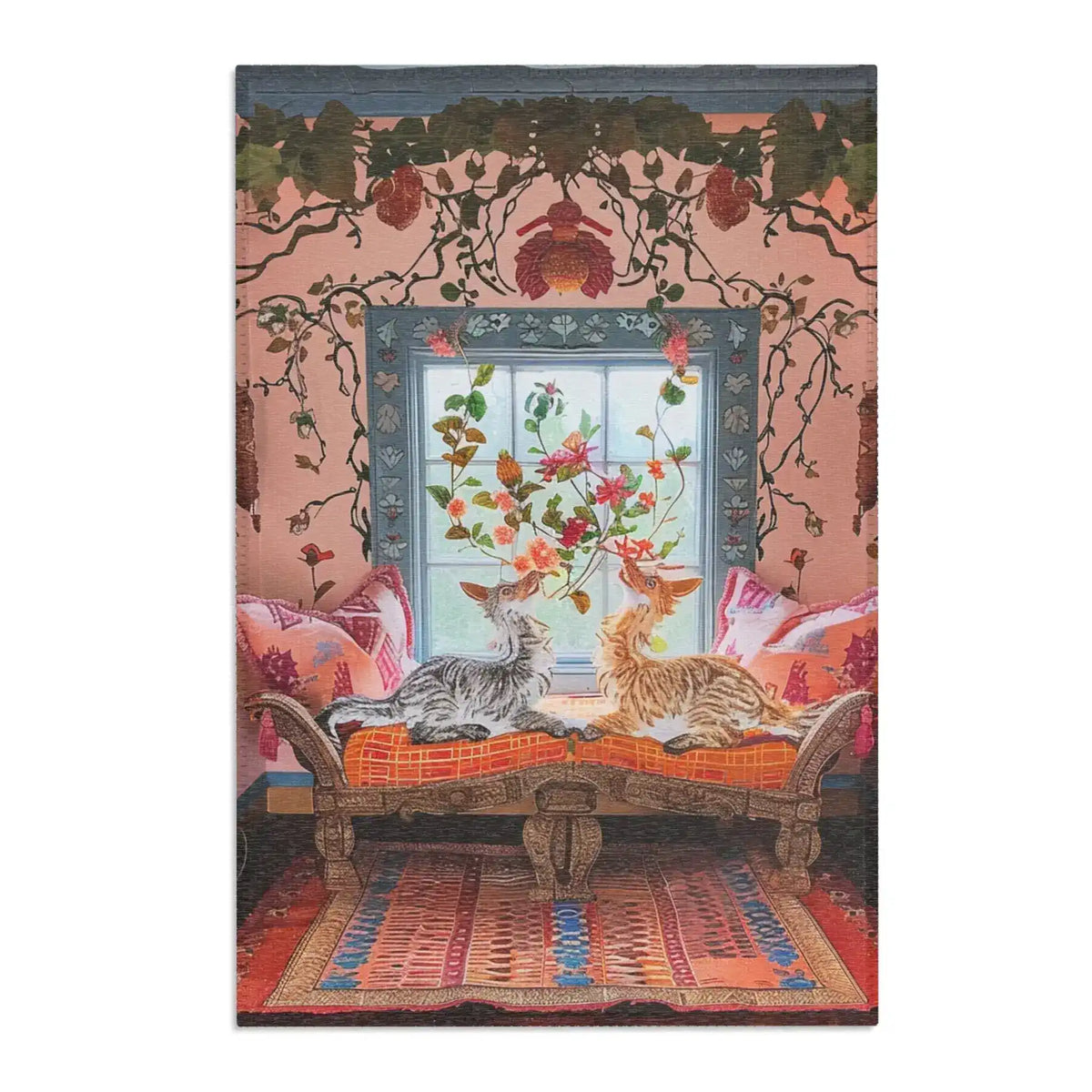 Full scene of Vintage Bohemian Woven Rug on floor of boho room, striped orange-blue geometric weave, cats resting on carved bench by window