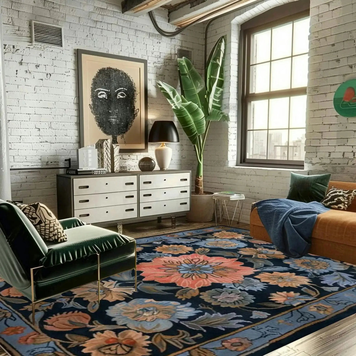 A cozy living room showcasing a Vintage Bouquet Hand Tufted Area Rug. This elegant floral rug, reminiscent of Persian rugs, features vibrant flower patterns in hues of pink, blue, and beige, adding warmth to both the living room and dining room spaces. The wool rug sits under a green armchair and an orange sofa, creating a stylish and inviting atmosphere, perfect for formal dining room settings.