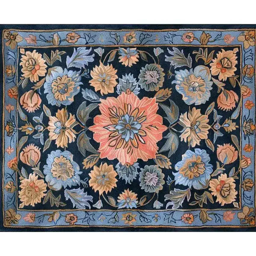 A beautifully detailed vintage bouquet hand tufted area rug featuring a floral design with vibrant colors. This wool rug is perfect for adding a touch of elegance to living rooms or dining rooms. The intricate pattern is reminiscent of classic Persian rugs, ideal for formal dining room settings.