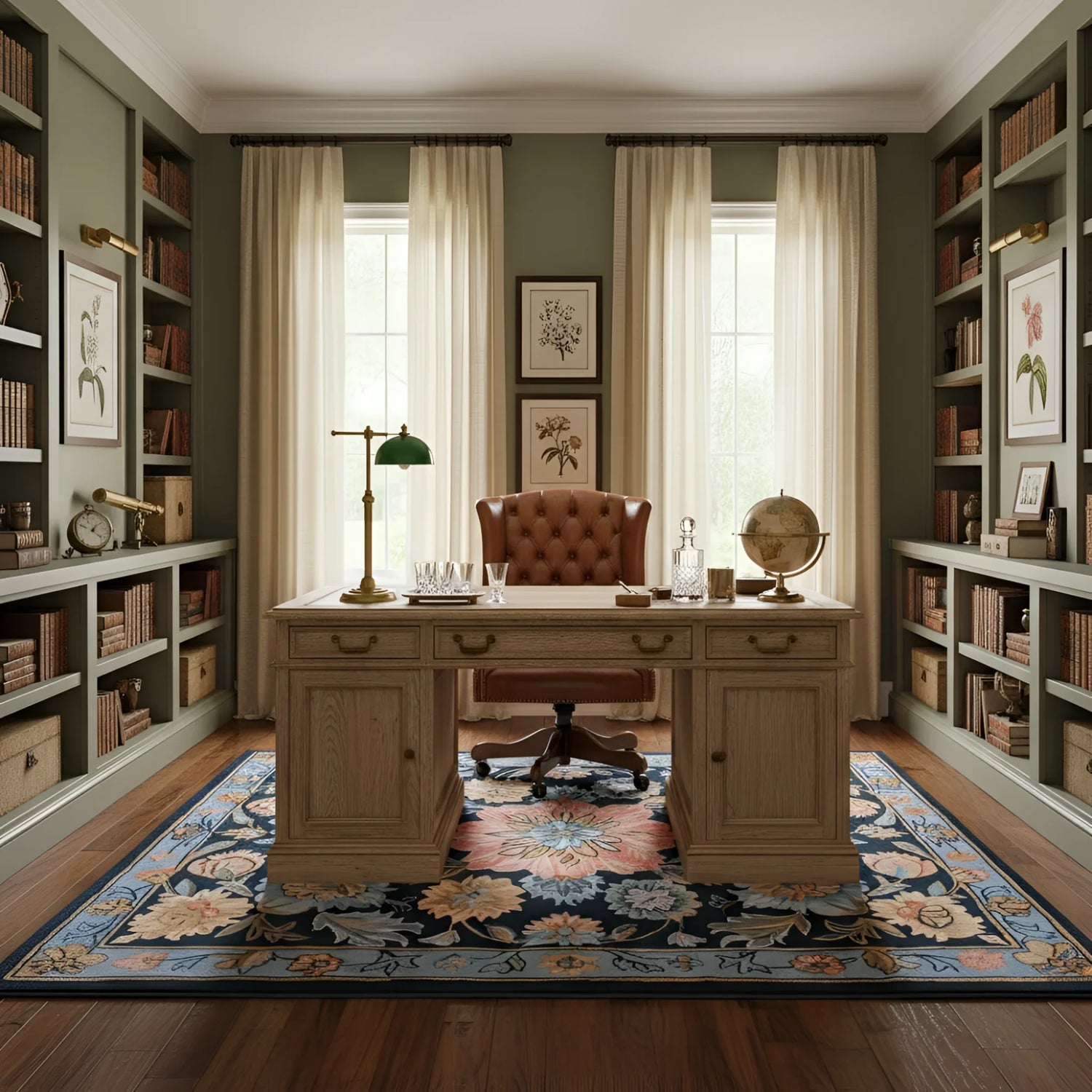 Home office with wooden desk, a floral wool rug, bookshelves, and decorative elements.