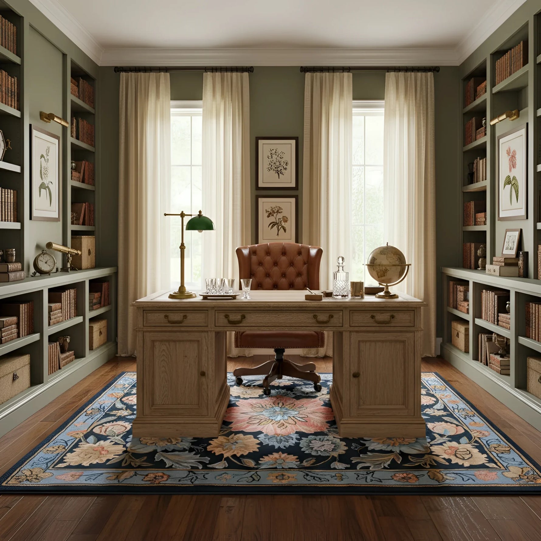Home office with wooden desk, a floral wool rug, bookshelves, and decorative elements.