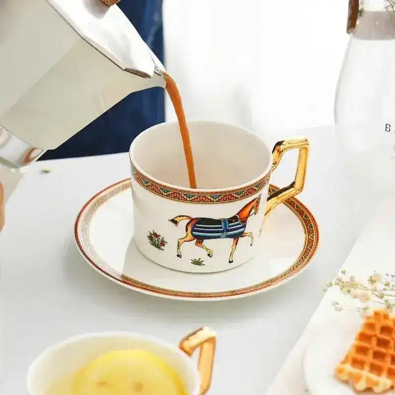 Vintage Bright Horse Bone China Mug and Saucer Set