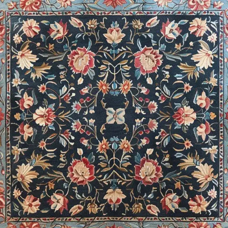 Vintage Charm Hand Tufted Area Rug featuring an intricate floral design with vibrant colors, perfect for adding elegance to dining rooms or living rooms. This square wool rug adds a touch of vintage charm, ideal as a dining room area rug or an area rug for living rooms.