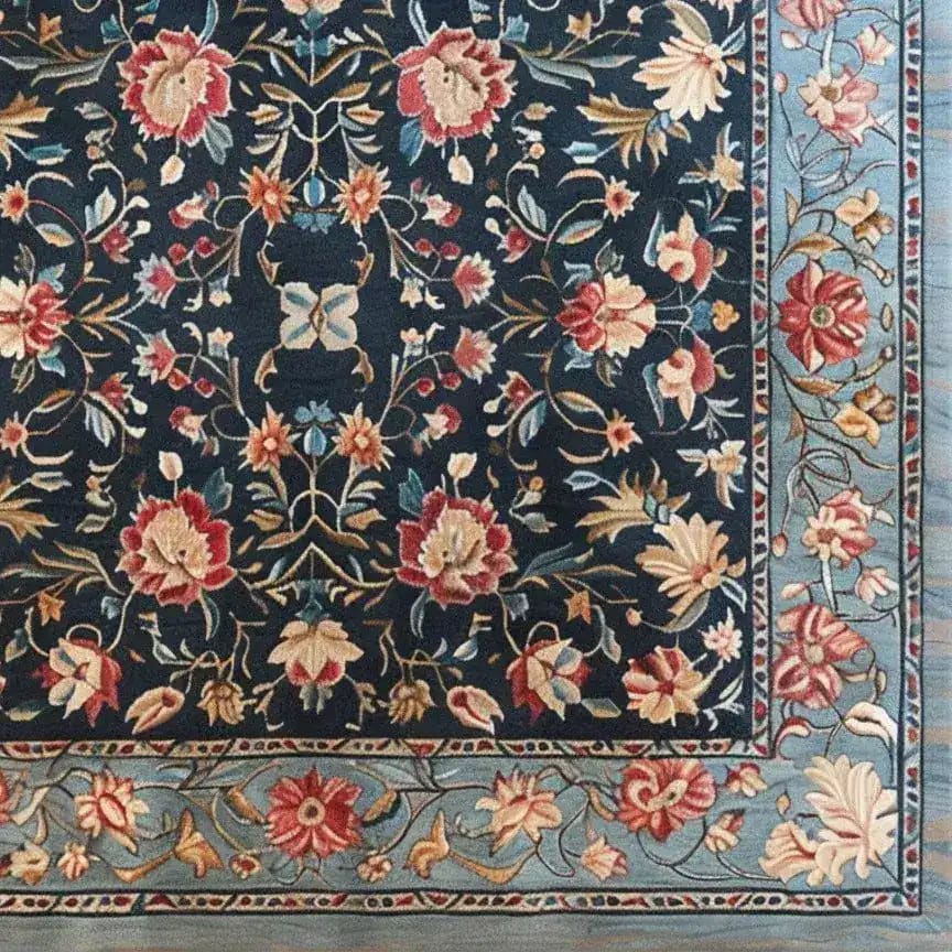 This vintage charm hand-tufted area rug showcases a stunning floral pattern on a dark background, ideal for enhancing the elegance of your dining room or living room. Made from high-quality wool, this square rug features intricate floral designs in warm tones, perfect for those seeking vintage or floral rugs. It's a perfect addition to your collection of dining room area rugs or area rugs for the living room.