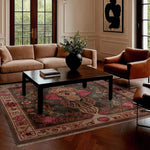 A stunning vintage elephant hand-knotted area rug graces a sophisticated living room setting. This large living room rug, featuring intricate Persian-inspired designs and a wool texture, adds warmth and elegance to the space. The square rug, ideal for living rooms 8x10, complements the classic furniture with its rich colors and detailed patterns, creating a cozy and inviting ambiance.