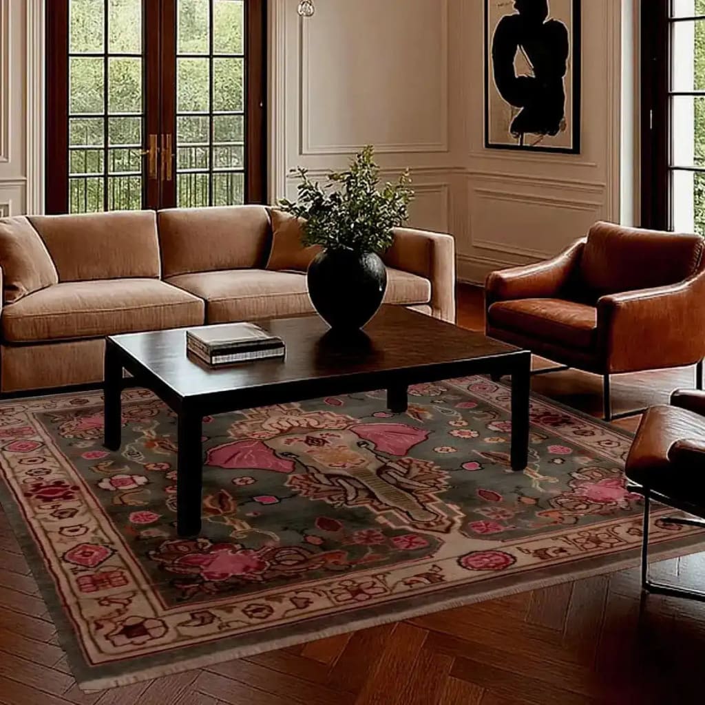 A stunning vintage elephant hand-knotted area rug graces a sophisticated living room setting. This large living room rug, featuring intricate Persian-inspired designs and a wool texture, adds warmth and elegance to the space. The square rug, ideal for living rooms 8x10, complements the classic furniture with its rich colors and detailed patterns, creating a cozy and inviting ambiance.