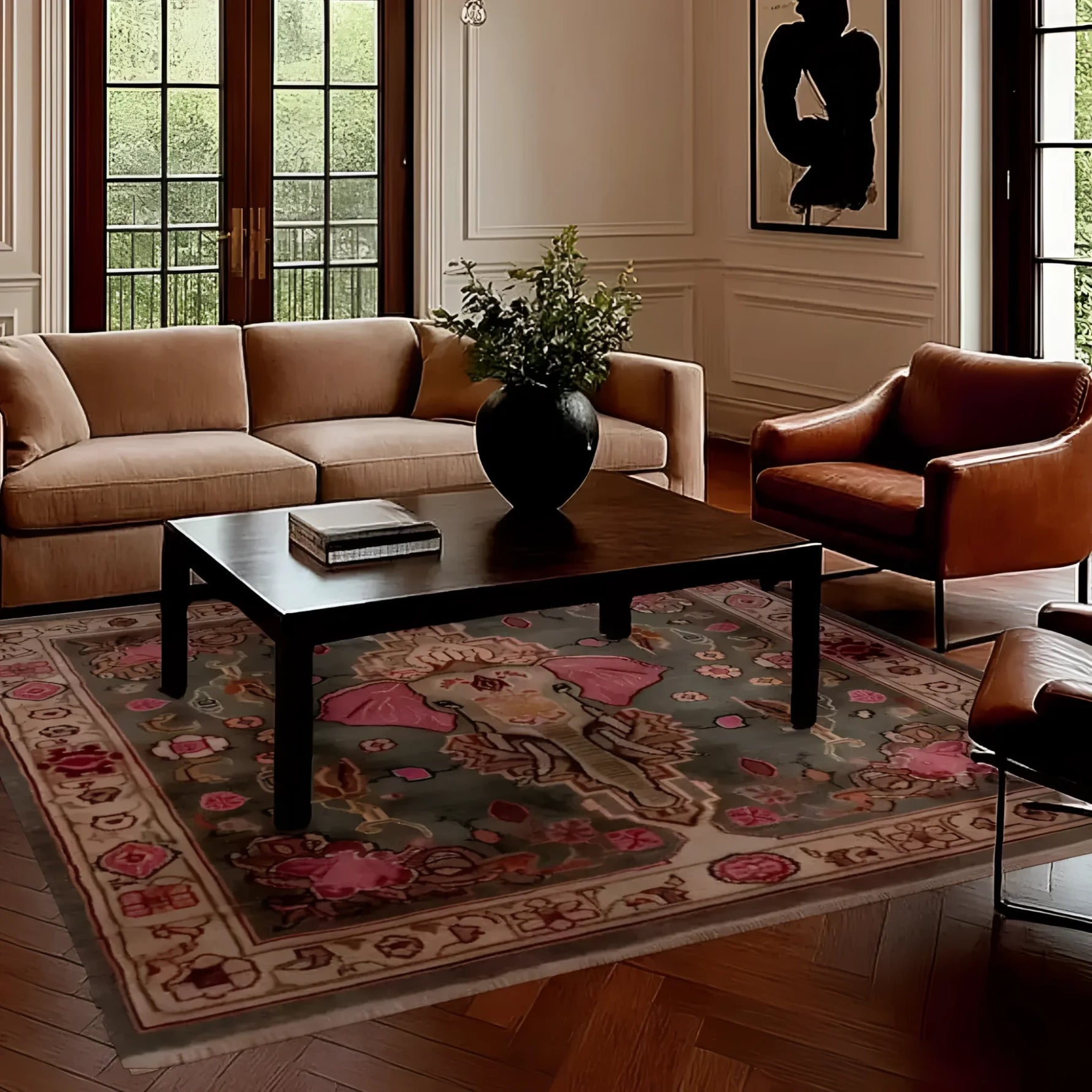 A stunning vintage elephant hand-knotted area rug graces a sophisticated living room setting. This large living room rug, featuring intricate Persian-inspired designs and a wool texture, adds warmth and elegance to the space. The square rug, ideal for living rooms 8x10, complements the classic furniture with its rich colors and detailed patterns, creating a cozy and inviting ambiance.