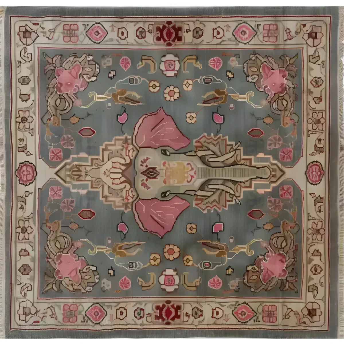 A beautifully handcrafted vintage elephant-themed area rug, perfect for large living rooms. This Persian-style wool rug features intricate designs with a central elephant motif, surrounded by floral patterns. Ideal as a square area rug or living room rug 8x10, it adds a touch of elegance and timeless charm to any space.