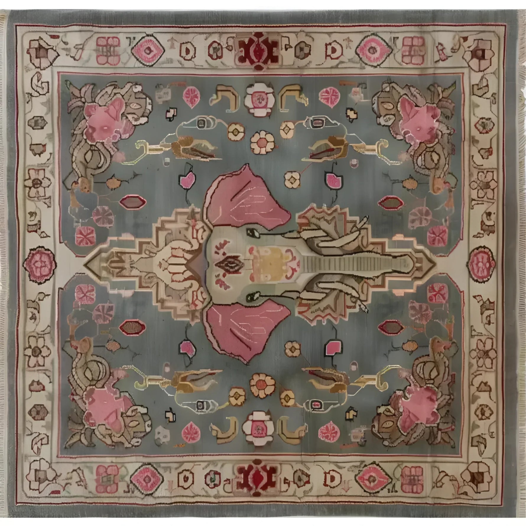 A beautifully handcrafted vintage elephant-themed area rug, perfect for large living rooms. This Persian-style wool rug features intricate designs with a central elephant motif, surrounded by floral patterns. Ideal as a square area rug or living room rug 8x10, it adds a touch of elegance and timeless charm to any space.