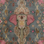 A beautifully detailed Vintage Elephant Hand Knotted Area Rug, featuring an intricate design with a central elephant motif. This Persian wool rug, perfect for a large living room, showcases a rich blend of colors on a soft background, ideal as an 8x10 square area rug. The vintage charm of this piece adds elegance to any living space.