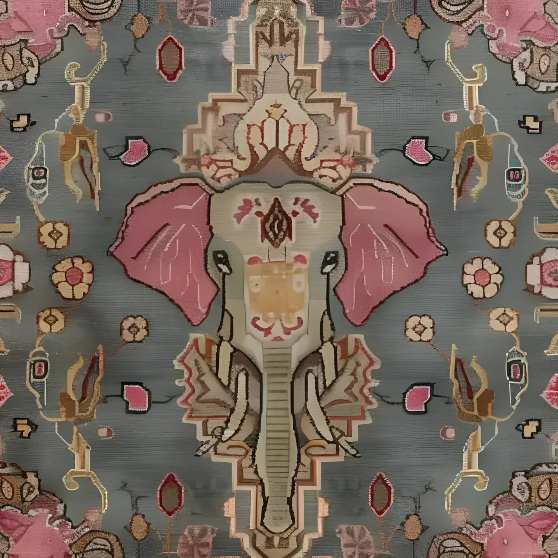A beautifully detailed Vintage Elephant Hand Knotted Area Rug, featuring an intricate design with a central elephant motif. This Persian wool rug, perfect for a large living room, showcases a rich blend of colors on a soft background, ideal as an 8x10 square area rug. The vintage charm of this piece adds elegance to any living space.