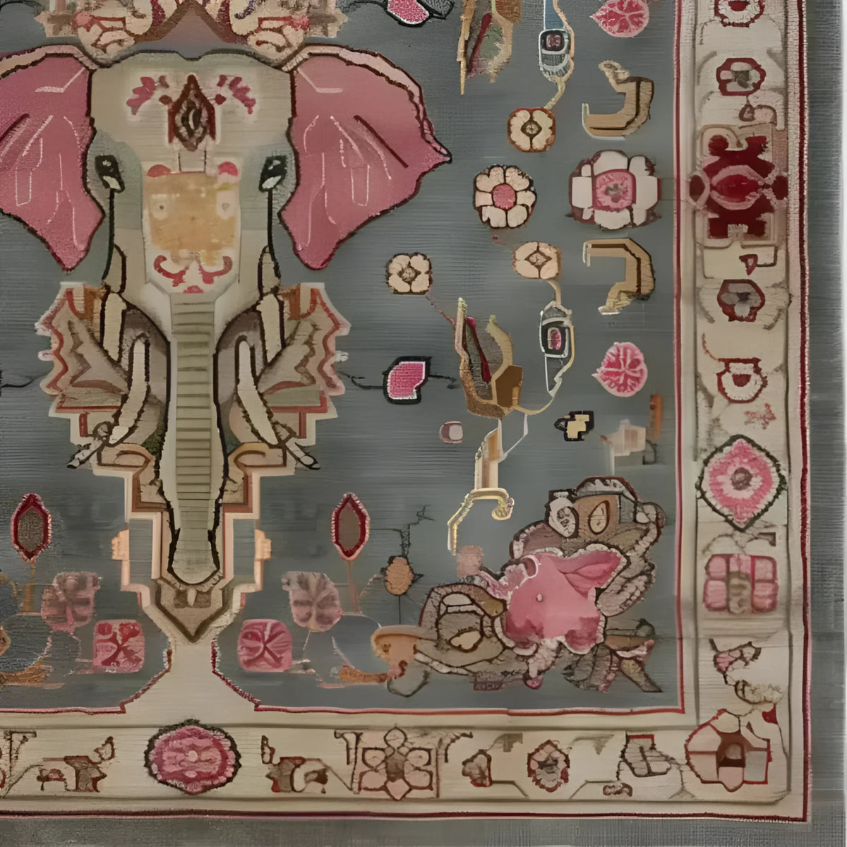 Close-up view of a Vintage Elephant Hand Knotted Area Rug, showcasing intricate design with a central elephant motif. This large wool rug features vibrant colors perfect for a living room, embodying the charm of Persian rugs. Ideal for those seeking a vintage square area rug or living room rugs 8x10.