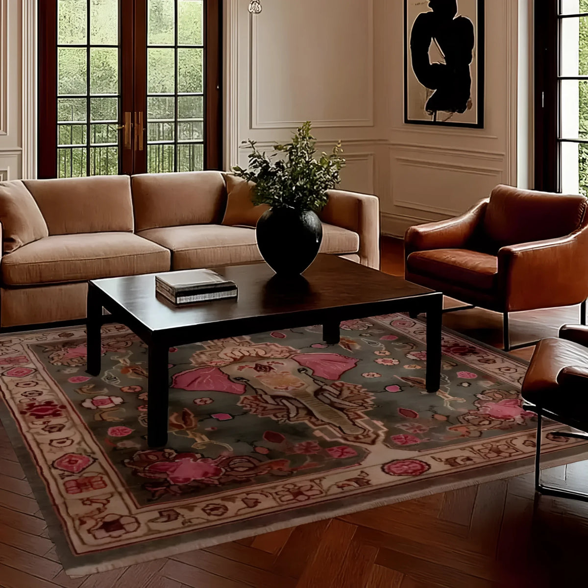 A stunning vintage elephant hand-knotted area rug graces a sophisticated living room setting. This large living room rug, featuring intricate Persian-inspired designs and a wool texture, adds warmth and elegance to the space. The square rug, ideal for living rooms 8x10, complements the classic furniture with its rich colors and detailed patterns, creating a cozy and inviting ambiance.