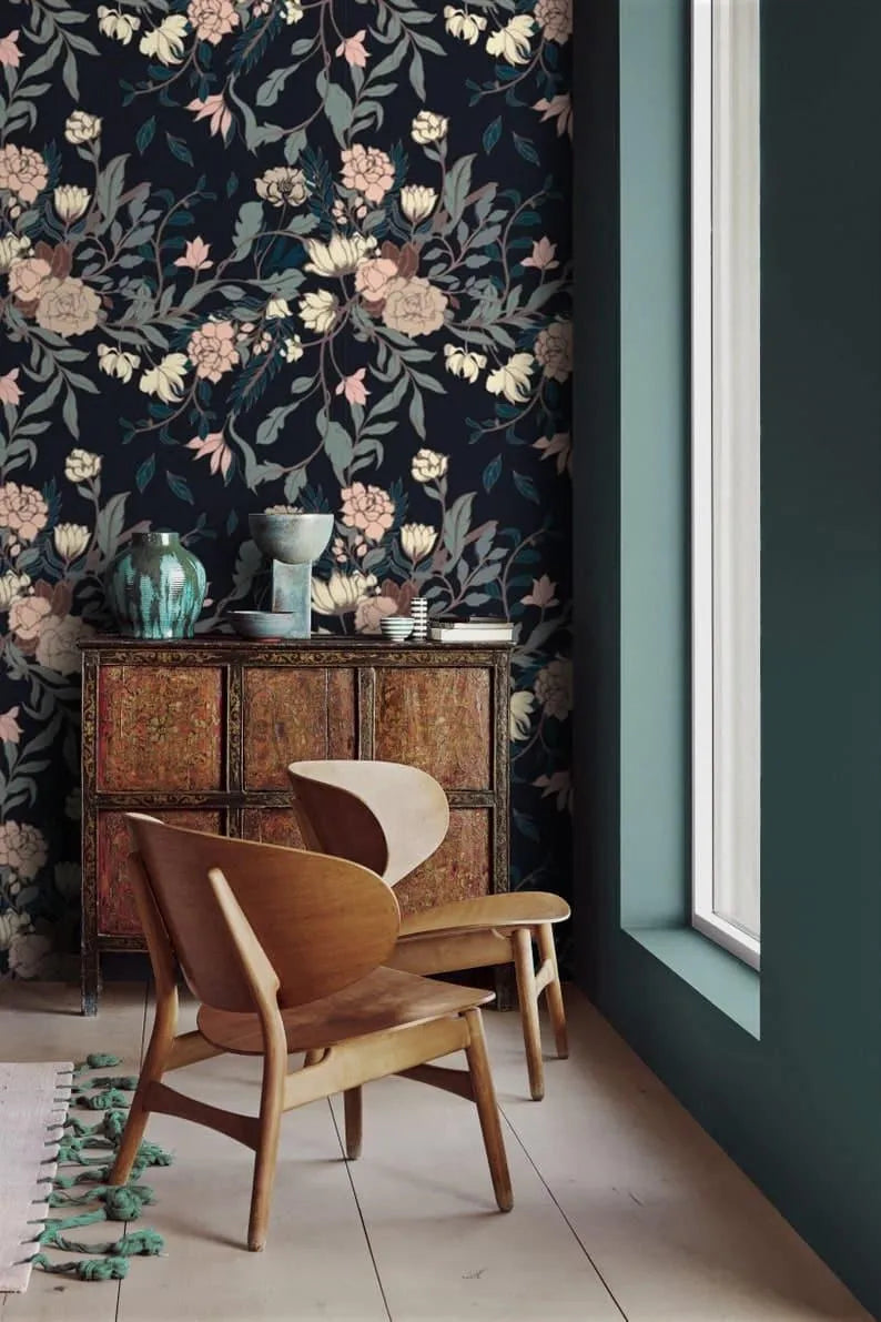 Vintage Exotic Flowers on Dark Wallpaper