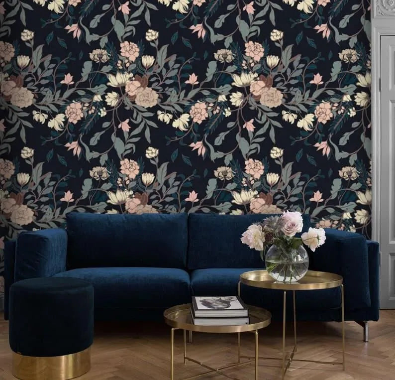 Vintage Exotic Flowers on Dark Wallpaper