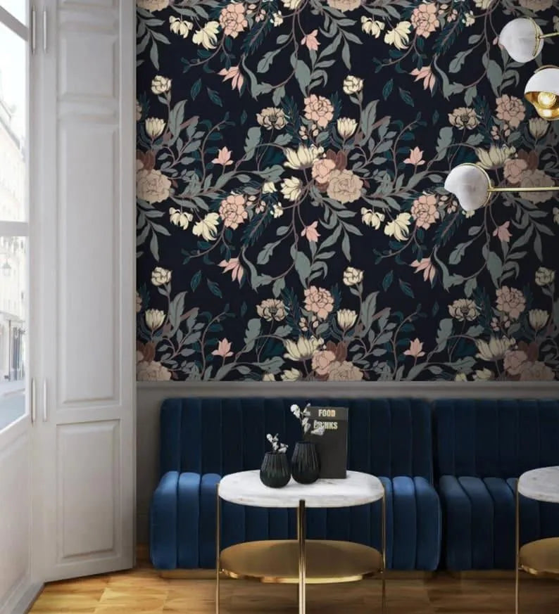 Vintage Exotic Flowers on Dark Wallpaper - MAIA HOMES