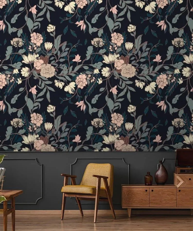 Vintage Exotic Flowers on Dark Wallpaper - MAIA HOMES