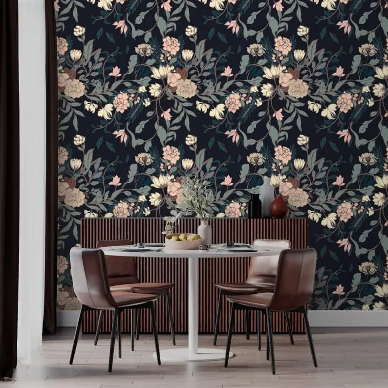 Vintage Exotic Flowers on Dark Wallpaper - MAIA HOMES