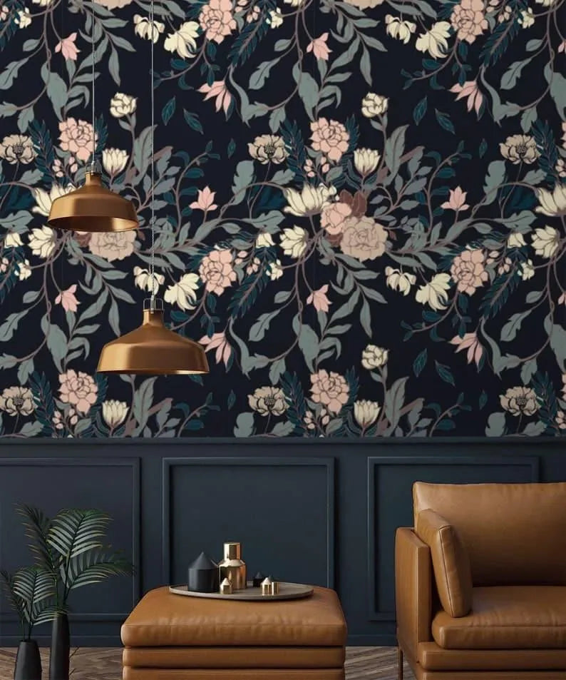 Vintage Exotic Flowers on Dark Wallpaper