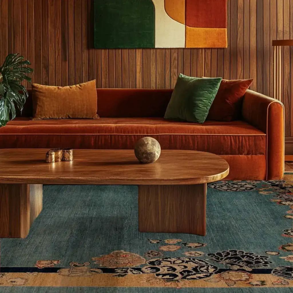 A stylish living room featuring a Vintage Floral Bordered Chinoiserie Blue Wool Hand Knotted Area Rug. The large area rug adds elegance to the space with its intricate floral patterns on a blue background, perfectly complementing the modern orange sofa and wooden coffee table. Ideal for those seeking large living room rugs that enhance any decor.