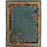 This is a beautifully crafted Vintage Floral Bordered Chinoiserie Blue Wool Hand Knotted Area Rug, perfect for enhancing large living room spaces. The rug features an elegant blue background with a floral border that adds a touch of sophistication and charm, making it an ideal choice for living room area rugs.