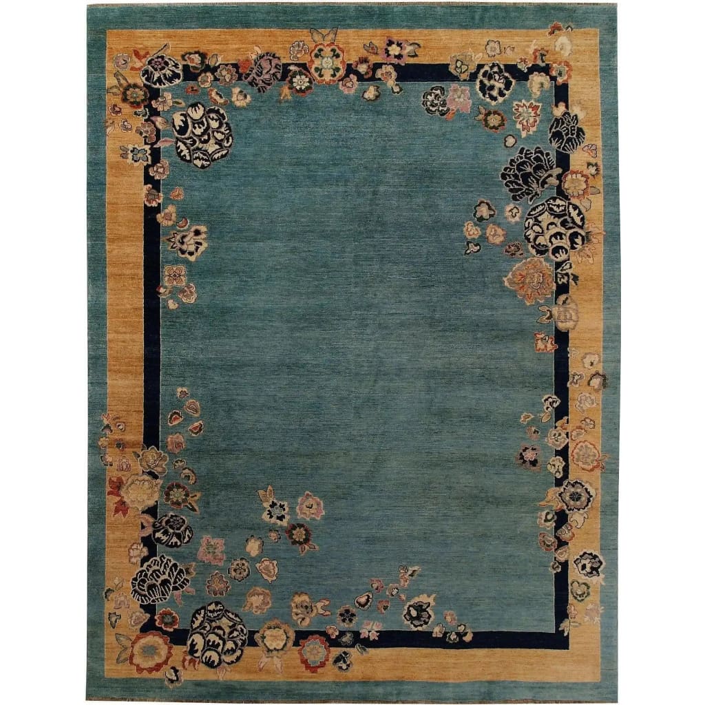 This is a beautifully crafted Vintage Floral Bordered Chinoiserie Blue Wool Hand Knotted Area Rug, perfect for enhancing large living room spaces. The rug features an elegant blue background with a floral border that adds a touch of sophistication and charm, making it an ideal choice for living room area rugs.