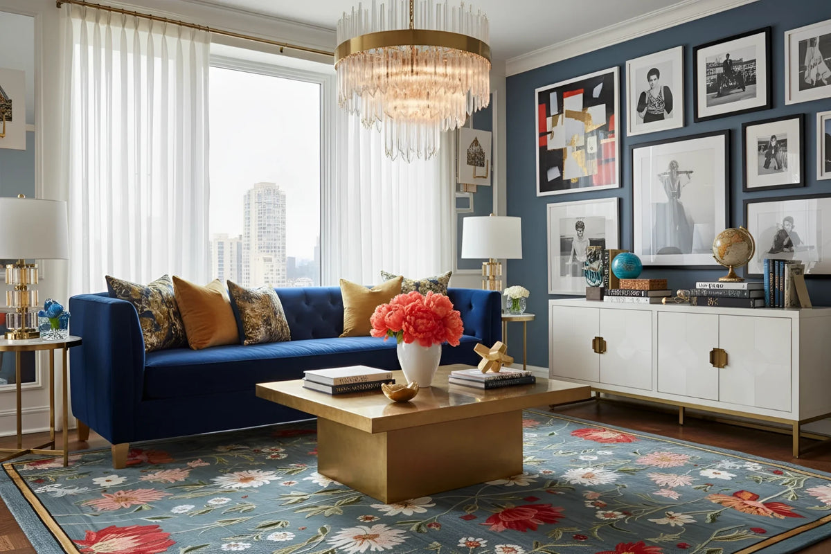 Living room with a blue sofa, floral rug, and decorative wall art.