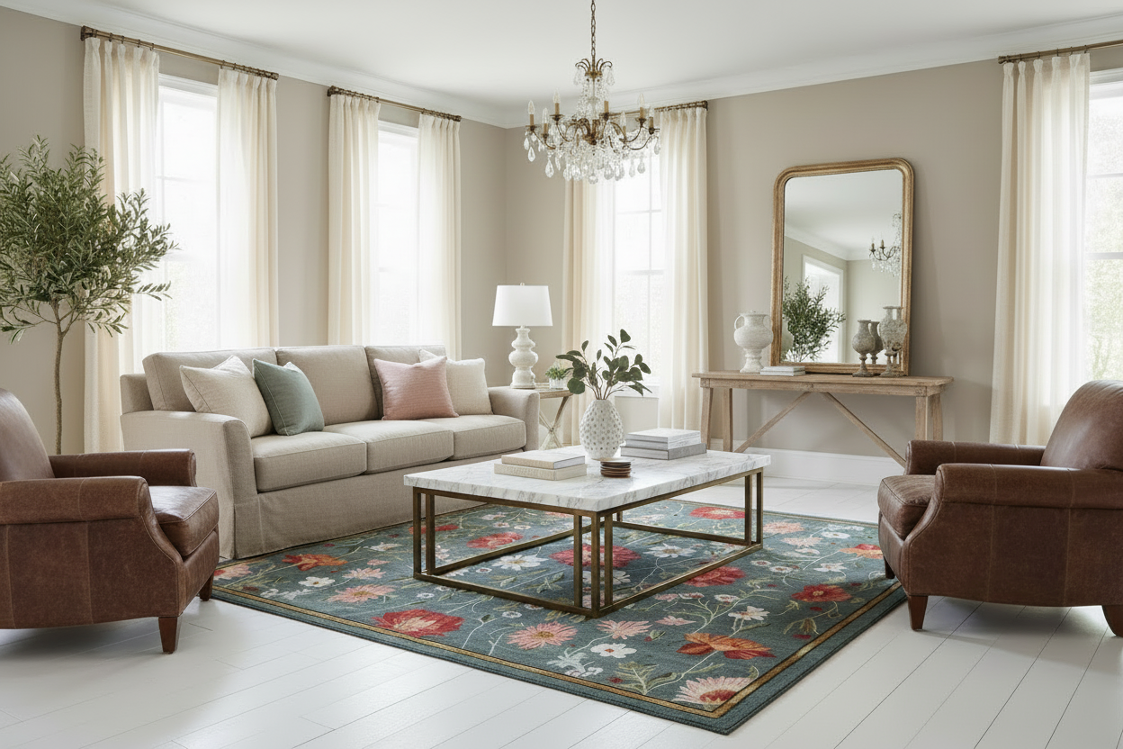 Living room with beige sofa, brown armchairs, and a floral rug.