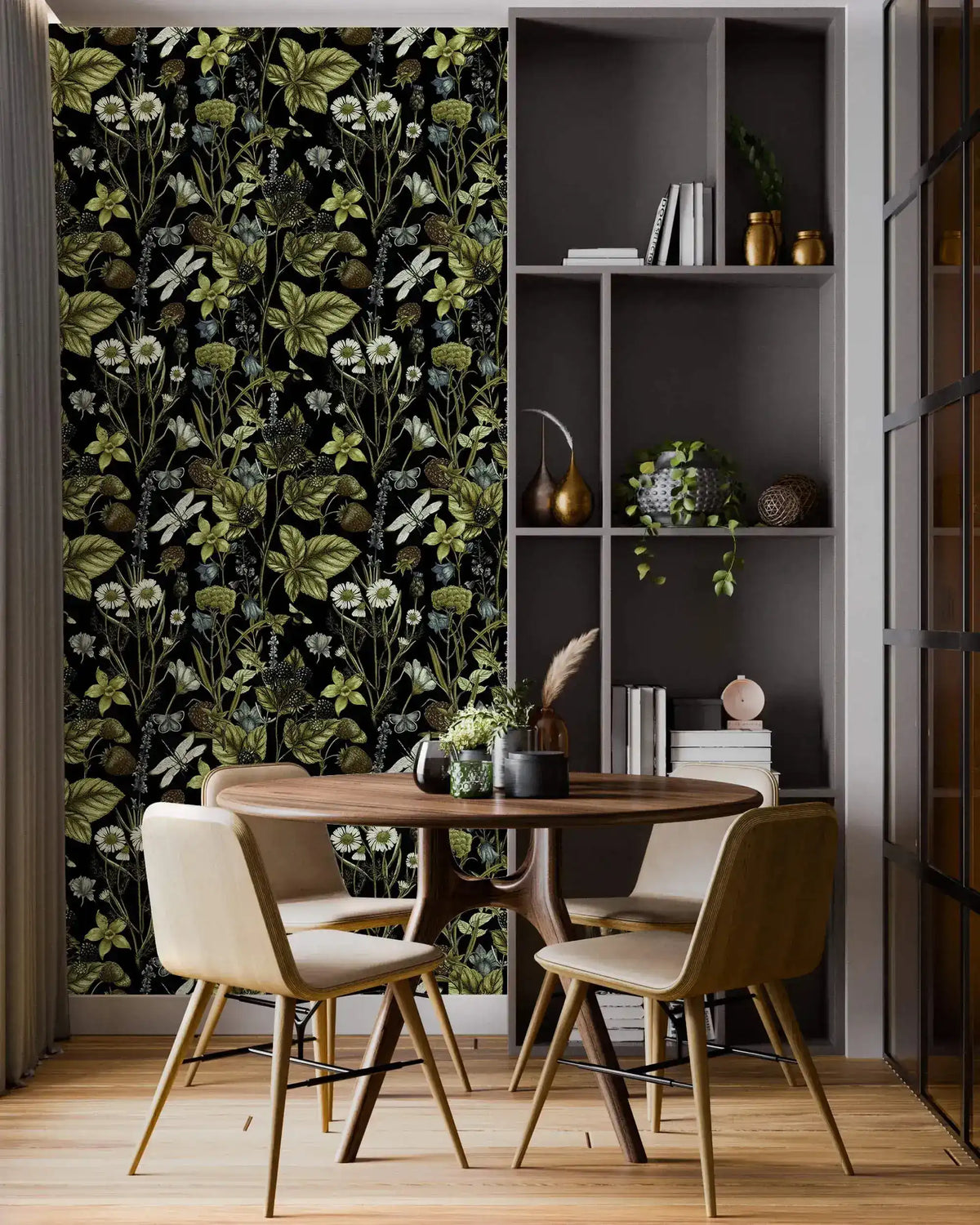 Vintage Floral Elegance dark botanical wallpaper in a dining nook beside grey shelving and a wood table
