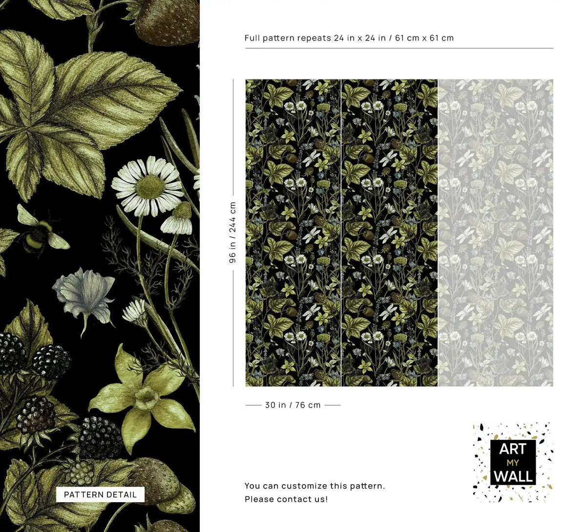 Pattern detail sheet of the Vintage Floral Elegance design with close-up bloom and panel dimensions