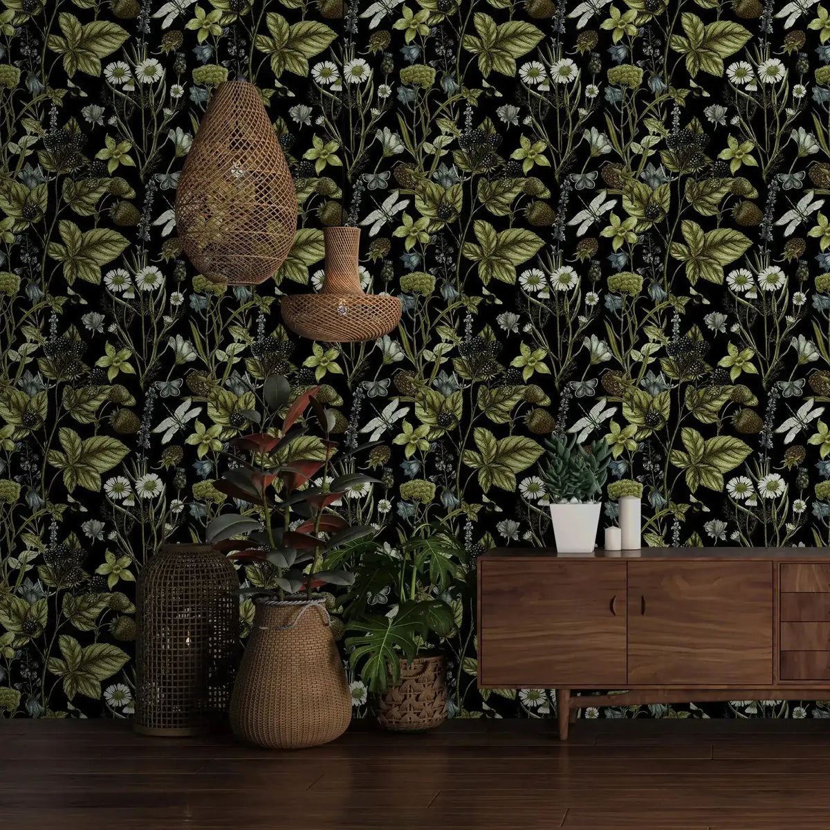 Vintage Floral Elegance wallpaper with green foliage, daisies and dragonflies behind a walnut credenza