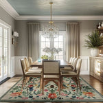 Elegant living room featuring a vintage floral hand tufted area rug, crafted from wool. This exquisite floral rug adds a touch of charm and warmth, perfect for enhancing the ambiance of any living room or bedroom. The colorful floral patterns on the vintage rug complement the wooden dining set, creating a cozy and inviting atmosphere.