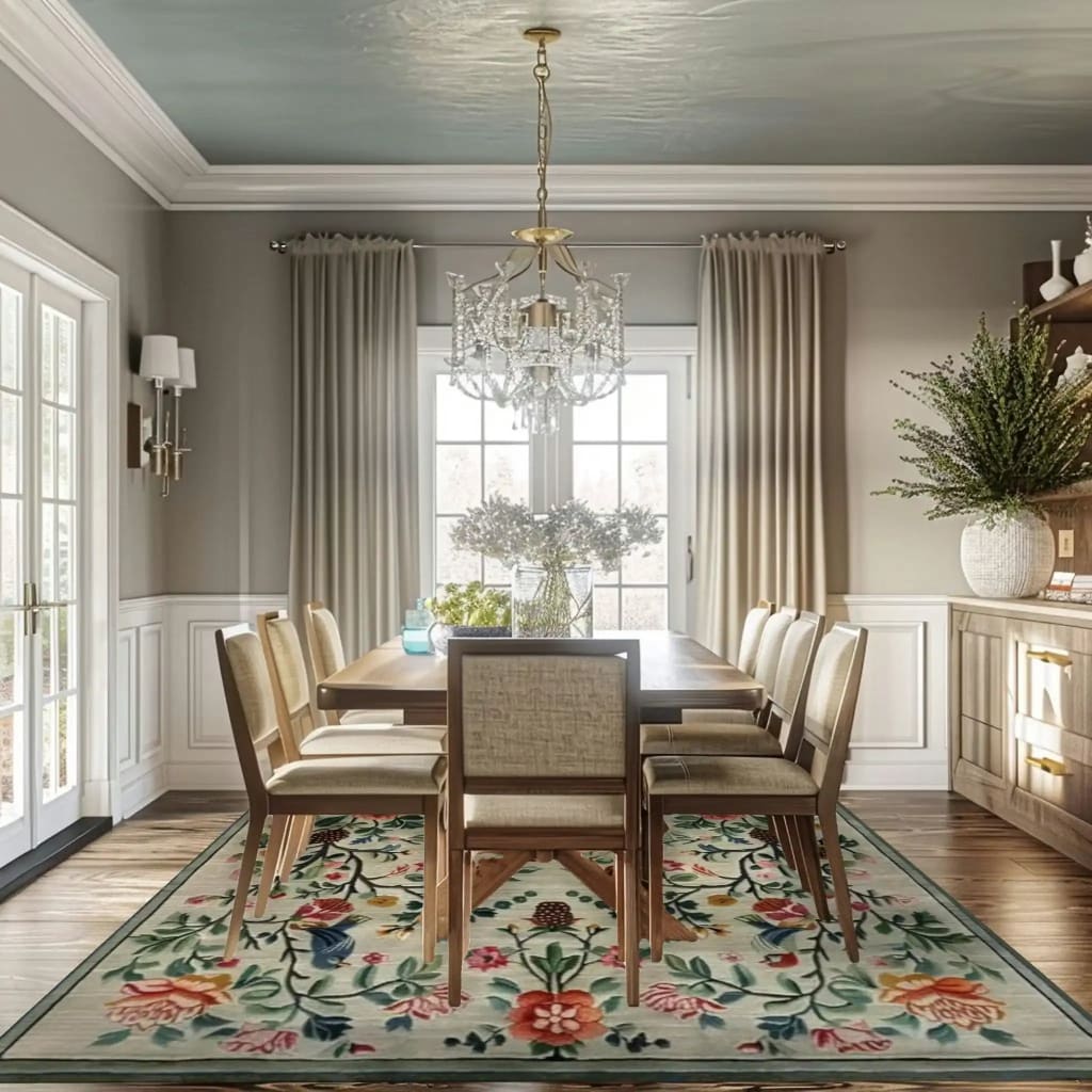 Elegant living room featuring a vintage floral hand tufted area rug, crafted from wool. This exquisite floral rug adds a touch of charm and warmth, perfect for enhancing the ambiance of any living room or bedroom. The colorful floral patterns on the vintage rug complement the wooden dining set, creating a cozy and inviting atmosphere.