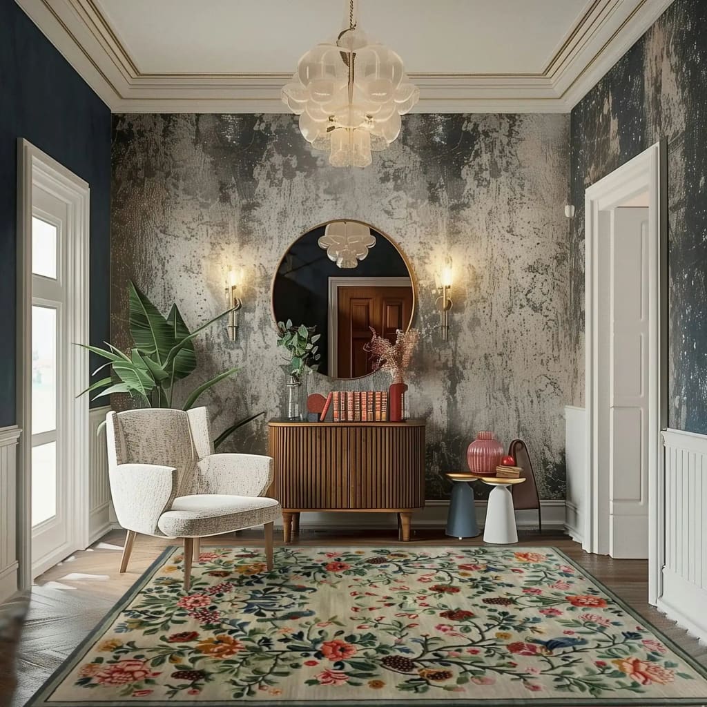 Elegant living room featuring a vintage floral hand-tufted area rug, perfect for adding charm to any space. The wool rug displays an intricate floral design, complementing a cozy armchair and a chic sideboard. Ideal for the bedroom or as a centerpiece in living room area rugs.