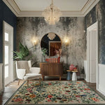 Elegant living room featuring a vintage floral hand-tufted area rug, perfect for adding charm to any space. The wool rug displays an intricate floral design, complementing a cozy armchair and a chic sideboard. Ideal for the bedroom or as a centerpiece in living room area rugs.