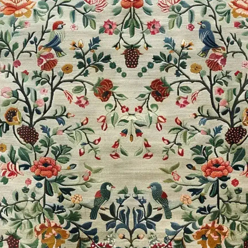 A beautifully detailed vintage floral hand tufted area rug featuring an intricate design of colorful flowers and birds on a soft, muted background. Perfect as a wool rug for adding elegance to a living room or bedroom, this floral rug captures a classic vintage aesthetic ideal for living room area rugs or as a statement piece in rugs for a bedroom.