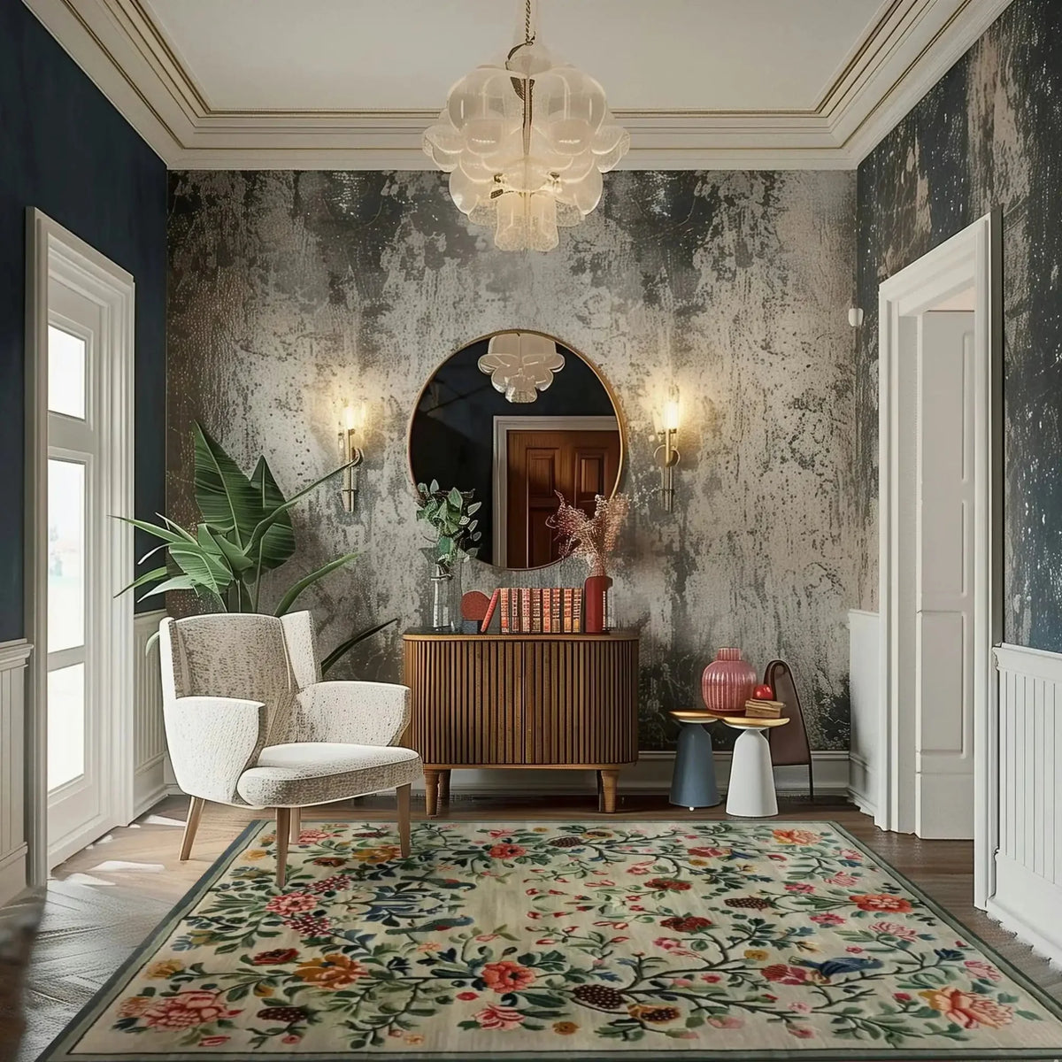 Elegant living room featuring a vintage floral hand-tufted area rug, perfect for adding charm to any space. The wool rug displays an intricate floral design, complementing a cozy armchair and a chic sideboard. Ideal for the bedroom or as a centerpiece in living room area rugs.