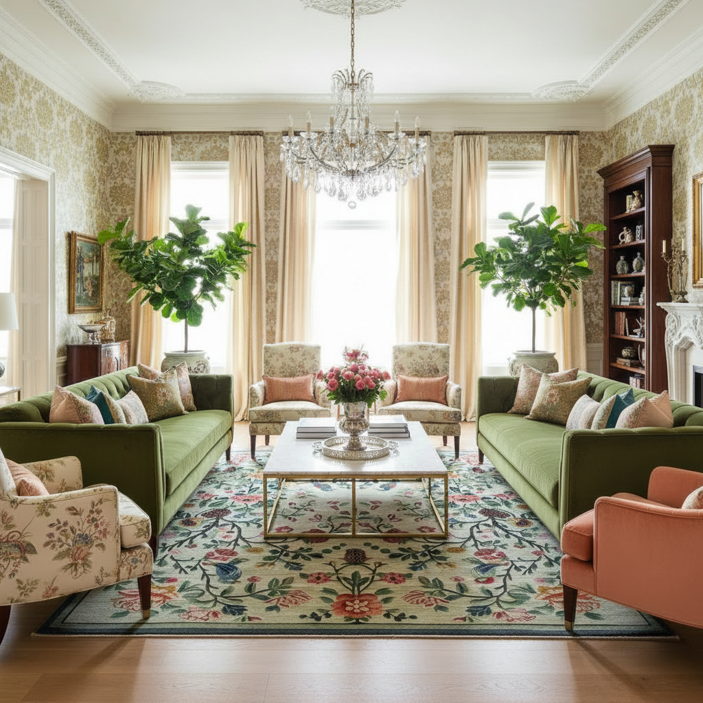 Vintage floral rug with trailing vines and pink blooms anchoring a green-sofa sitting room